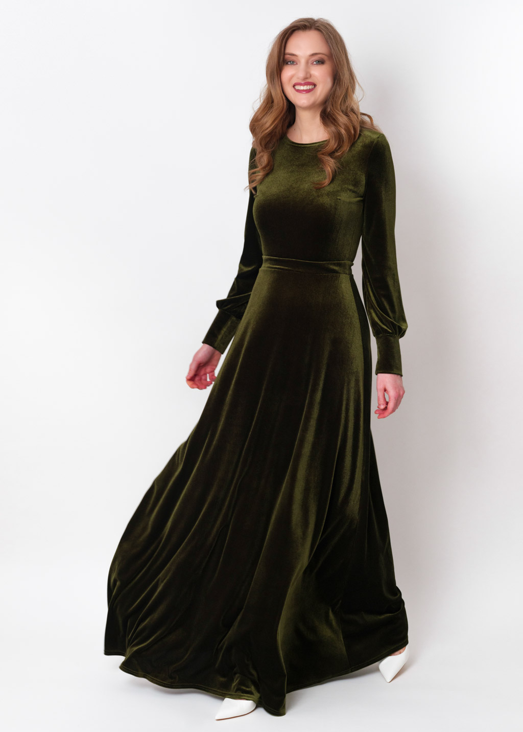 Olive green velvet long dress