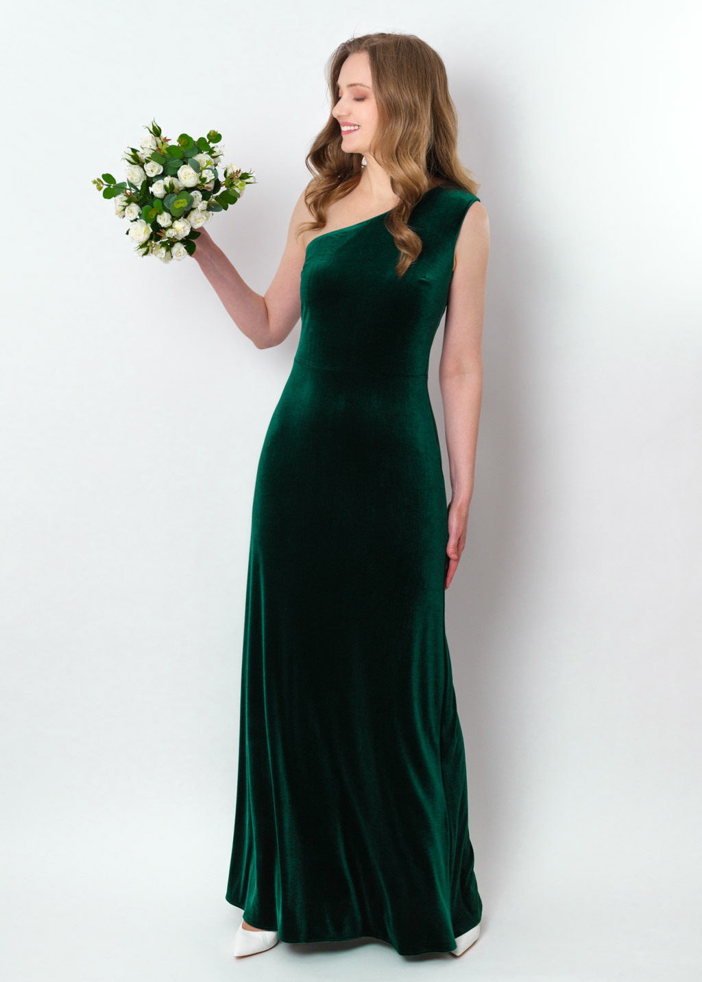 Emerald green velvet one shoulder dress