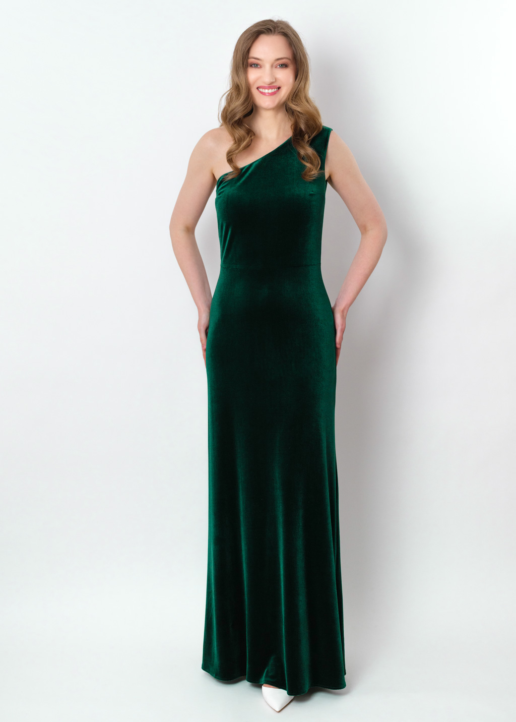 Emerald green velvet one shoulder dress