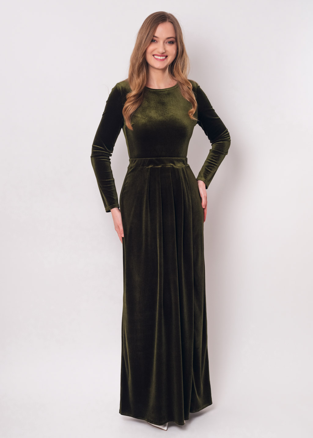 Olive green velvet long dress