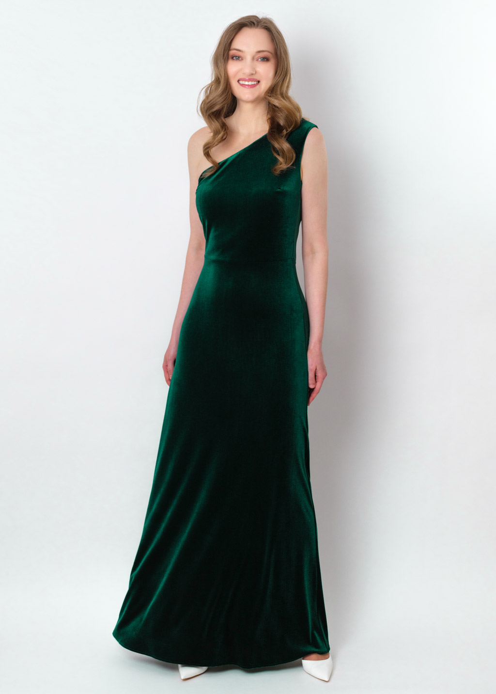 Emerald green velvet one shoulder dress