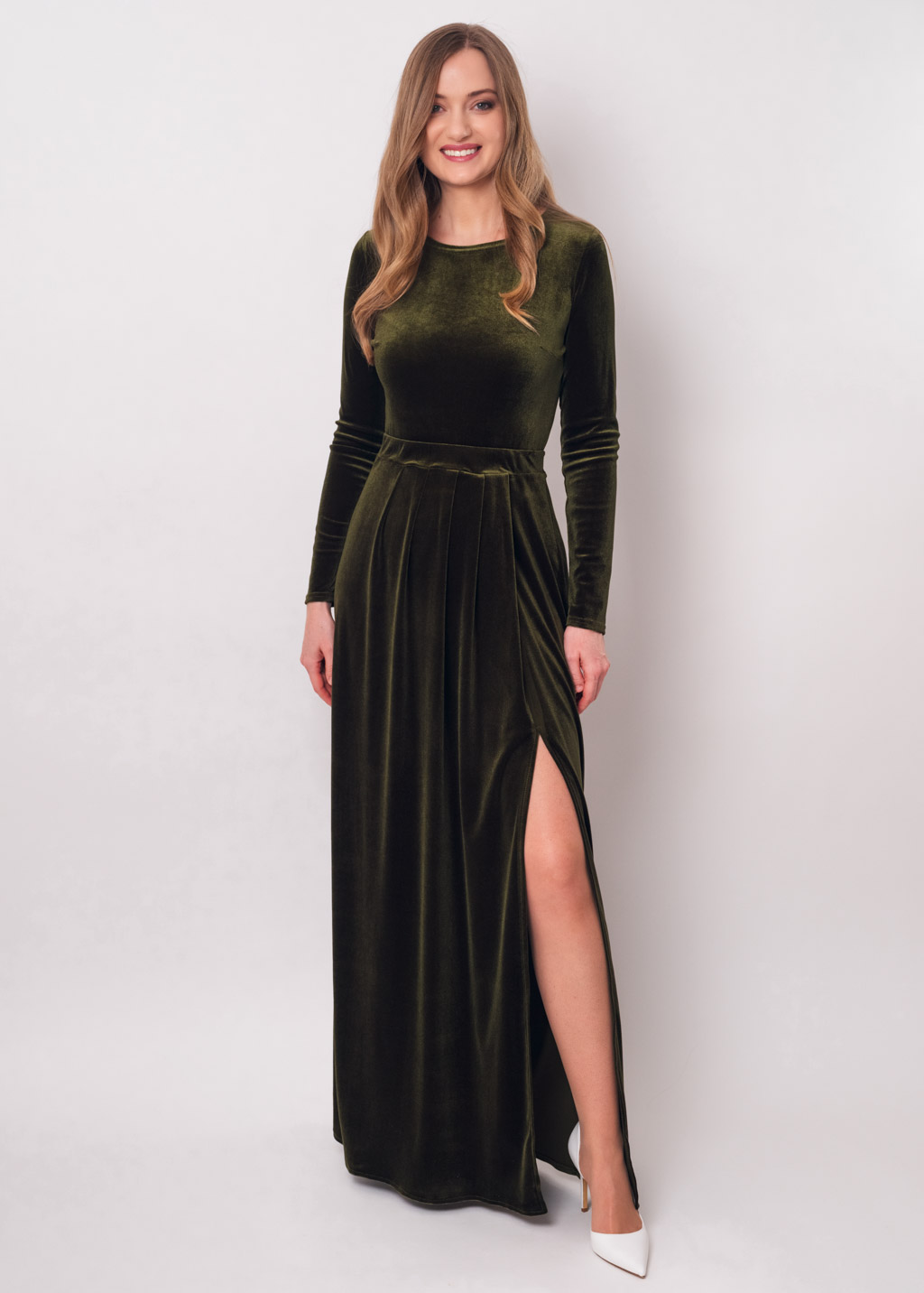 Olive green velvet long dress