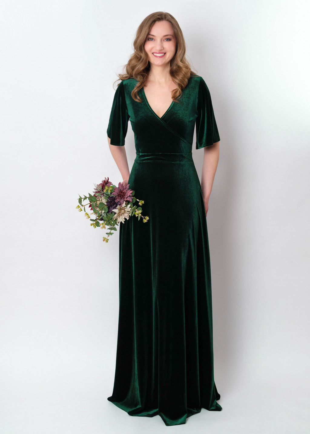 Emerald green velvet wrap long dress