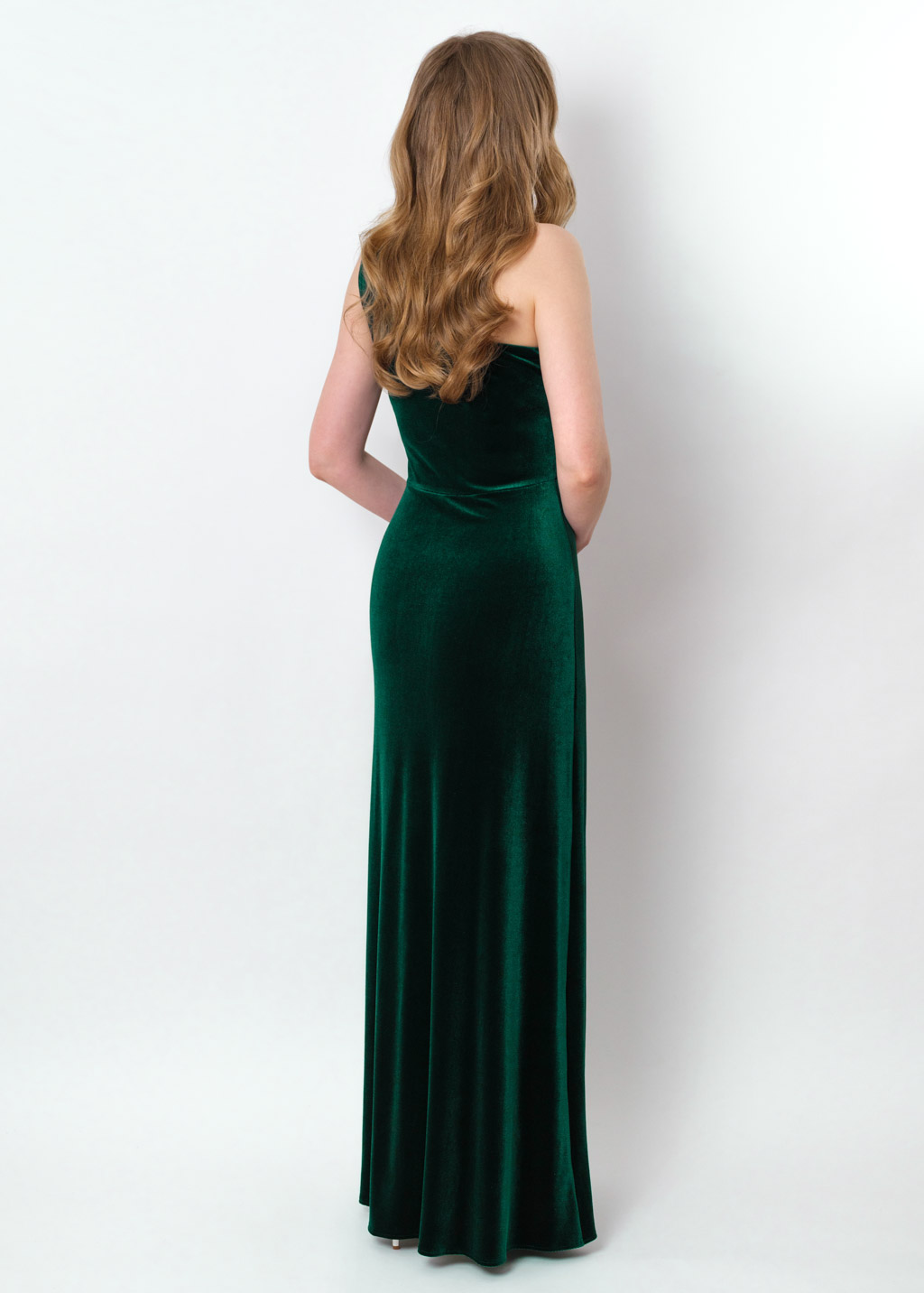 Emerald green velvet one shoulder dress