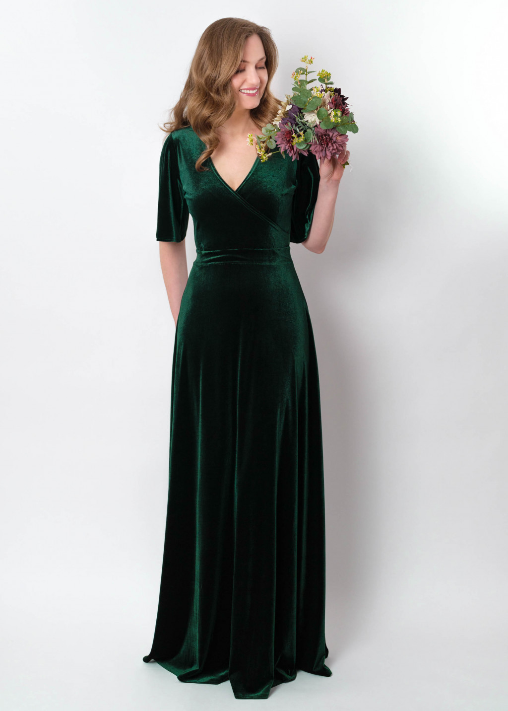 Emerald green velvet wrap long dress