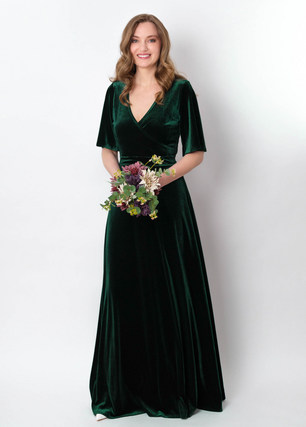 Emerald green velvet wrap long dress