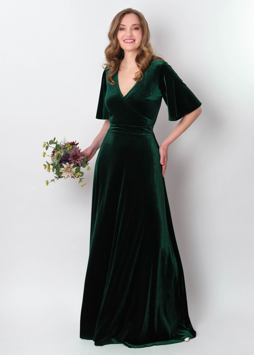 Emerald green velvet wrap long dress