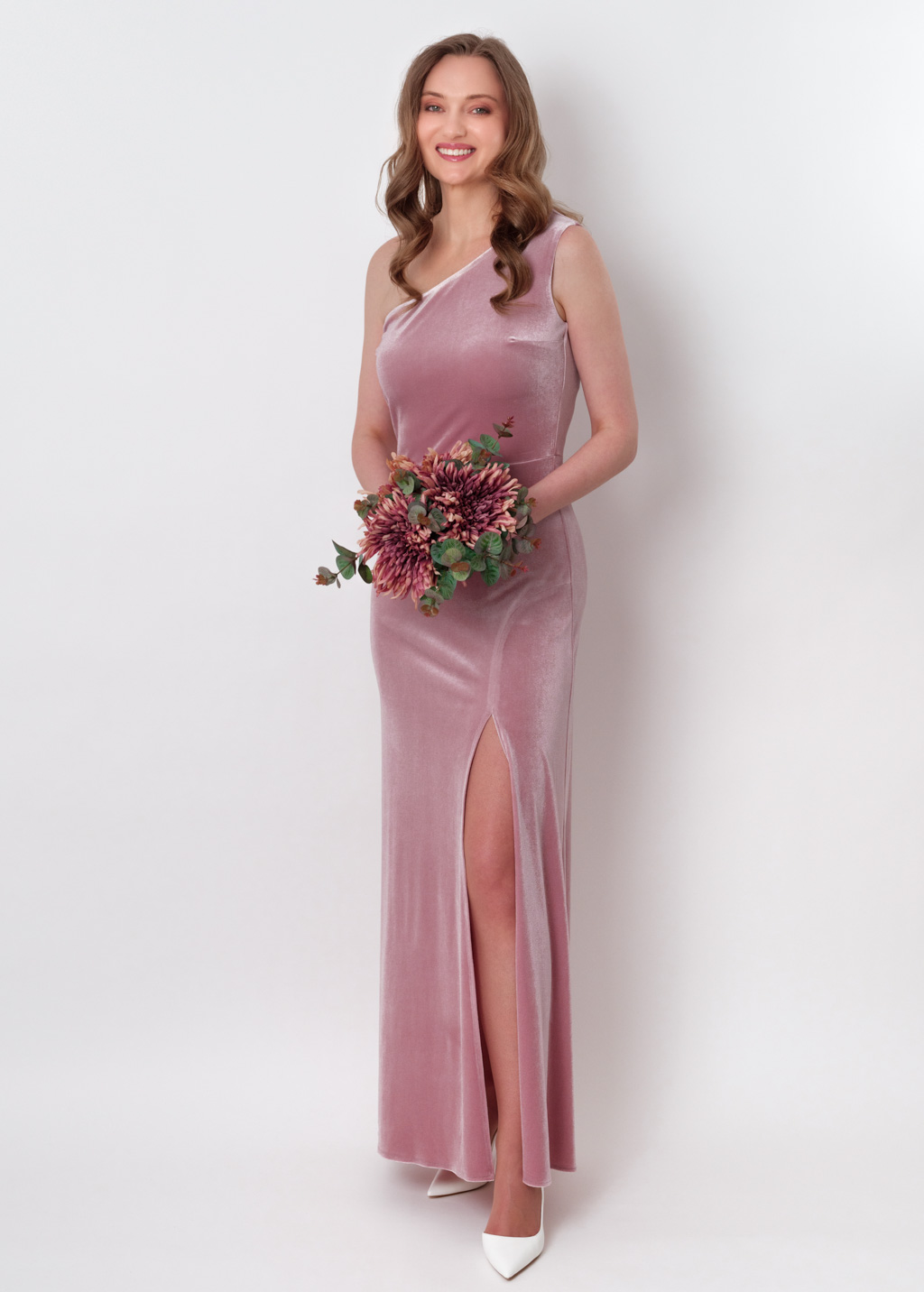 Mauve velvet one shoulder slit dress