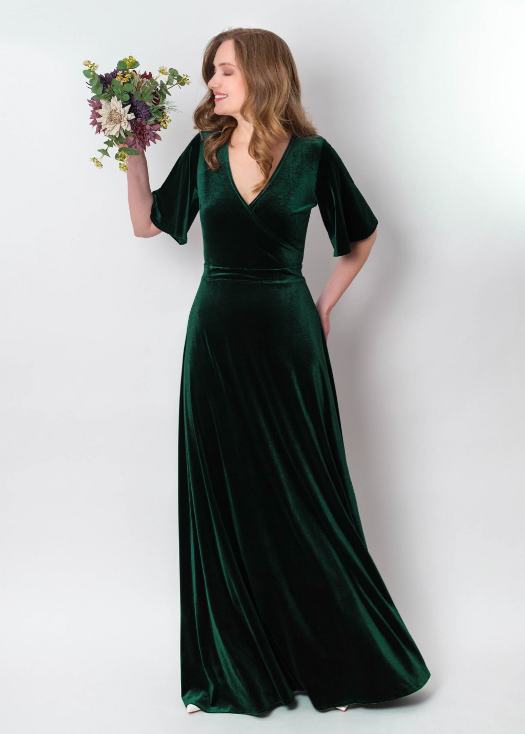 Emerald green velvet wrap long dress