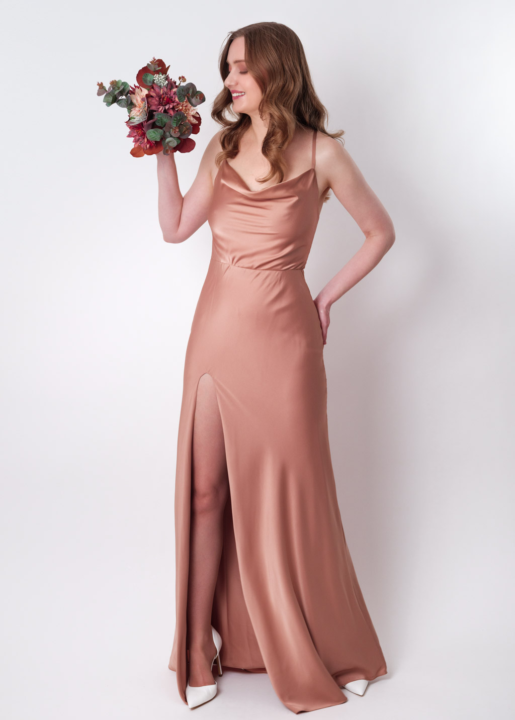 Rose gold silk slip slit dress