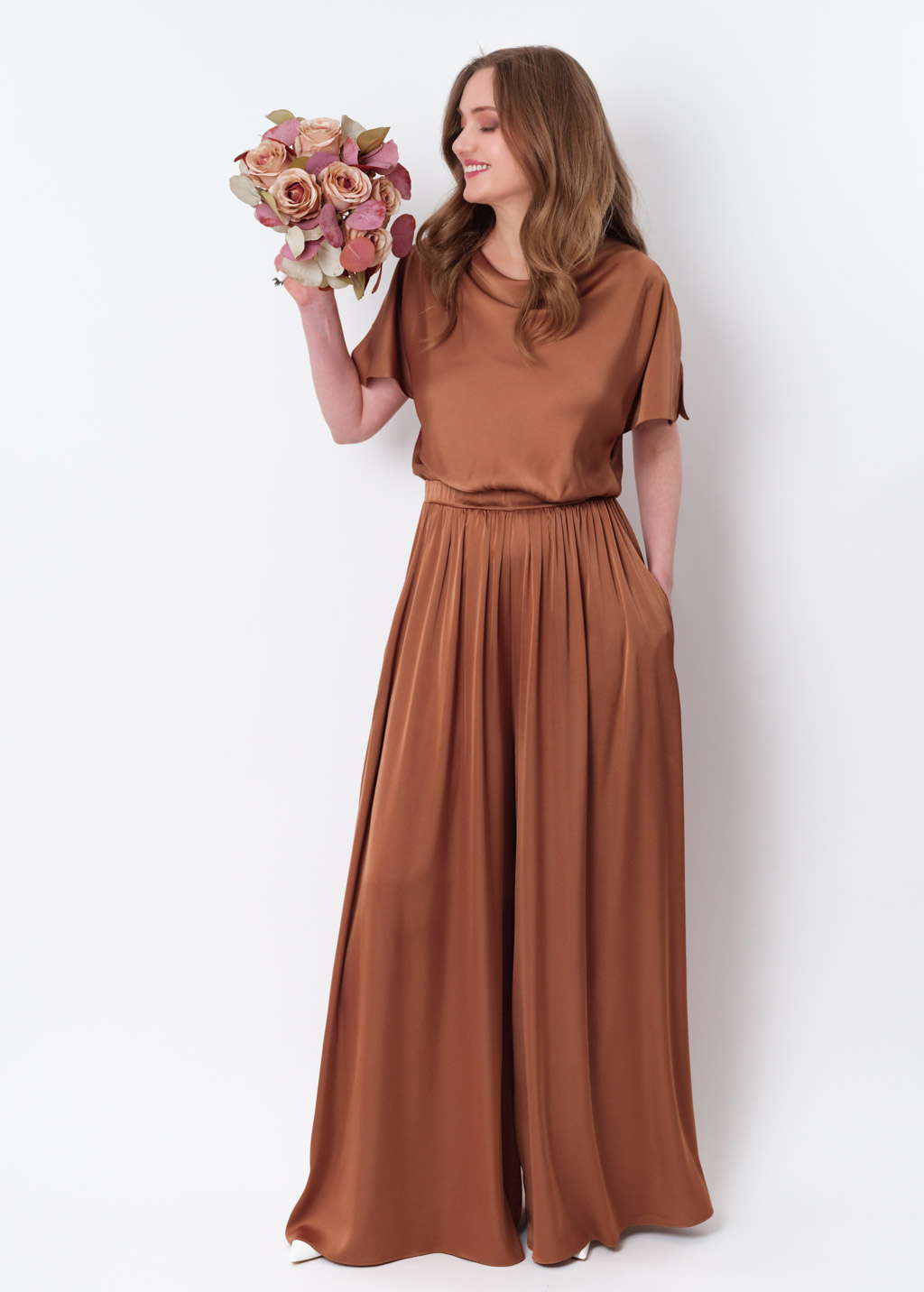 Copper gold silk jumpsuit