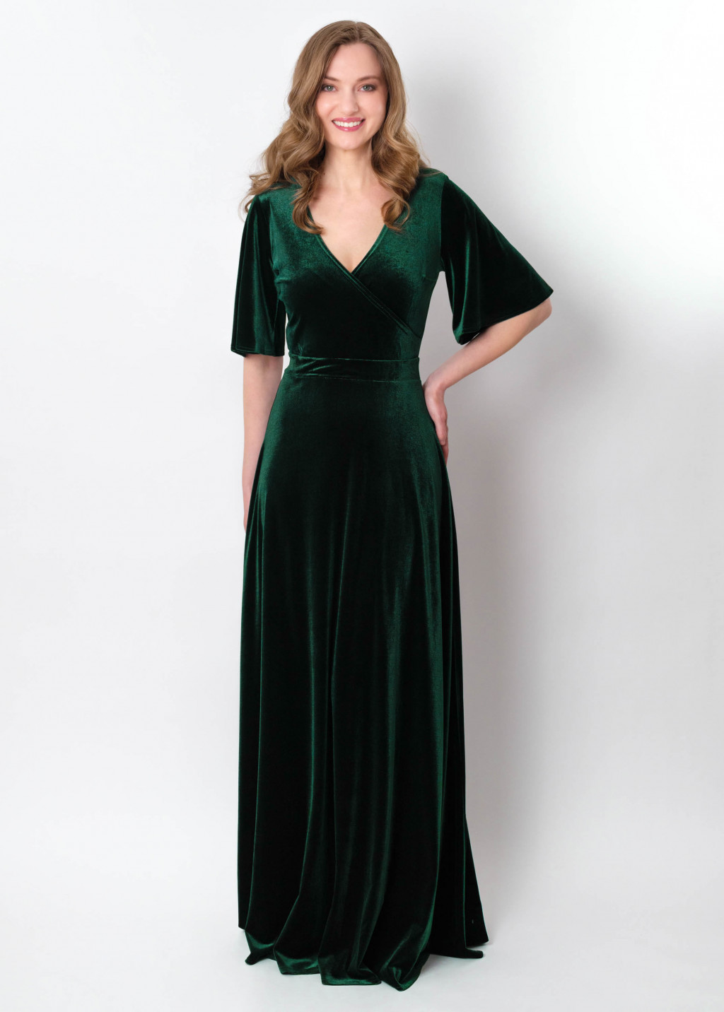 Emerald green velvet wrap long dress