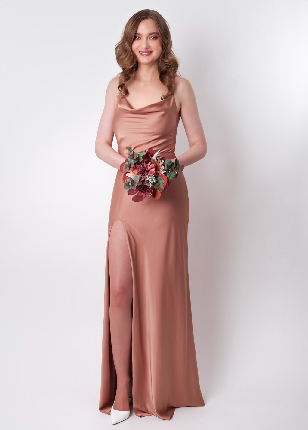 Rose gold silk slip slit dress