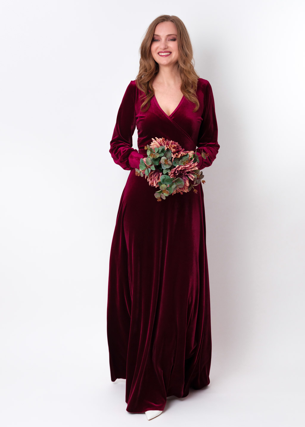 Plum burgundy velvet long wrap dress