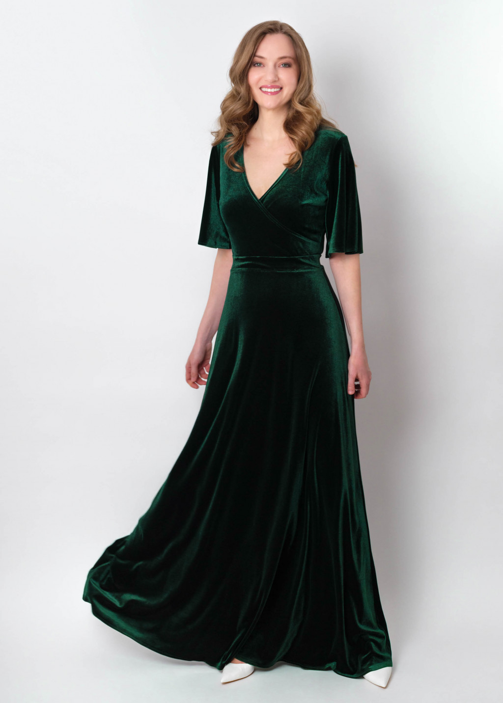 Emerald green velvet wrap long dress