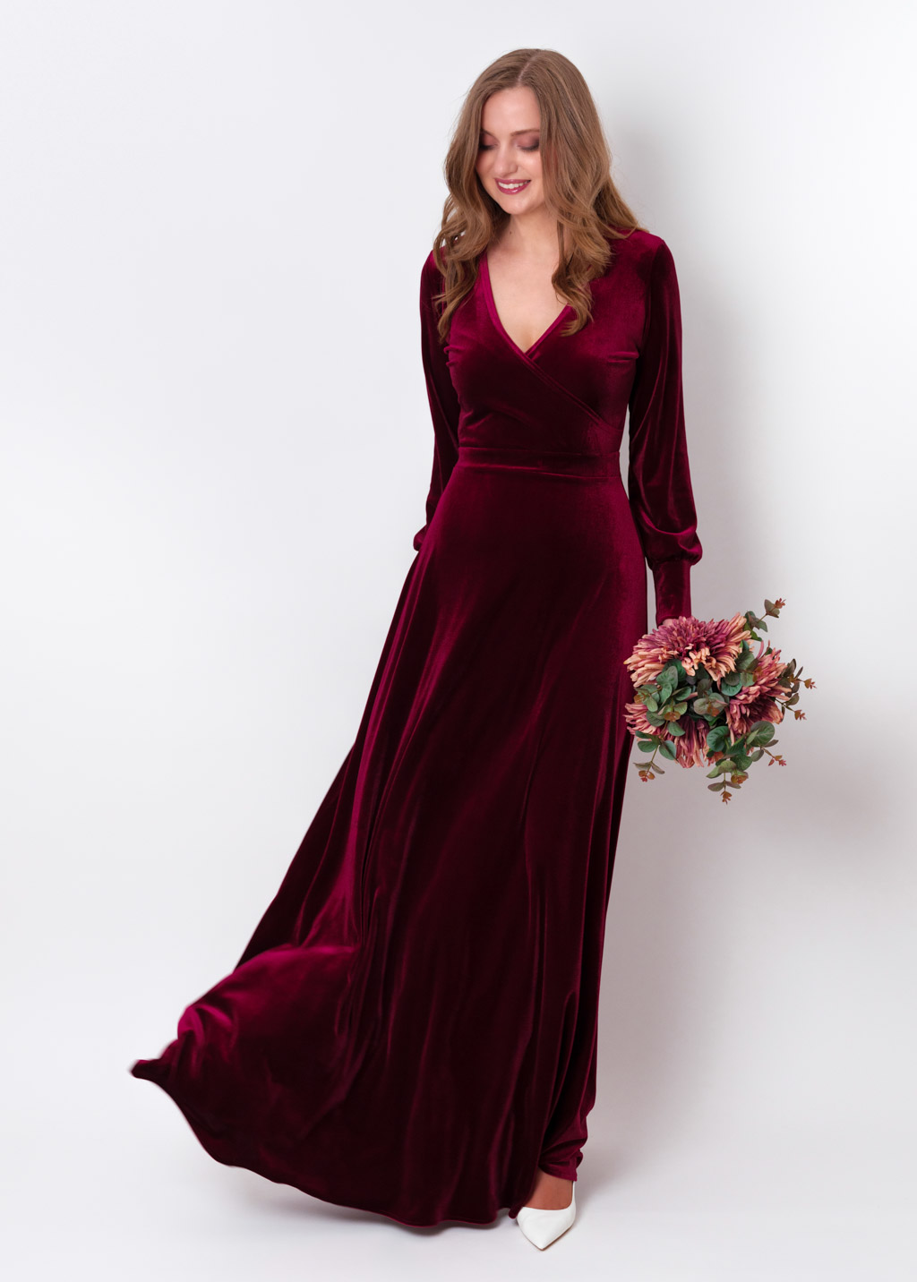 Plum burgundy velvet long wrap dress