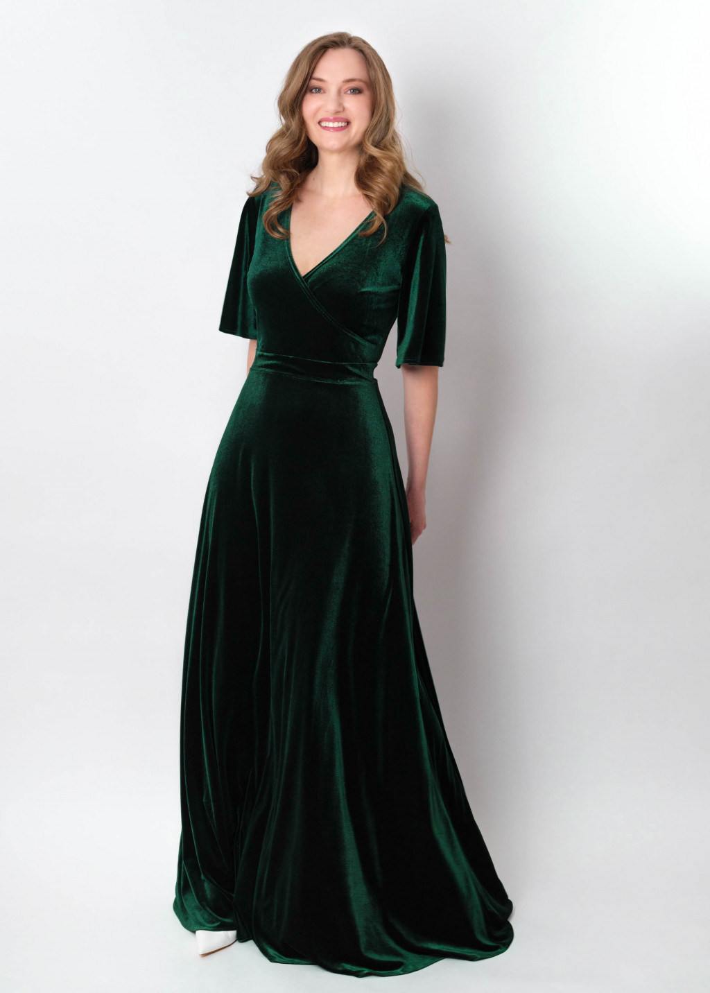 Emerald green velvet wrap long dress