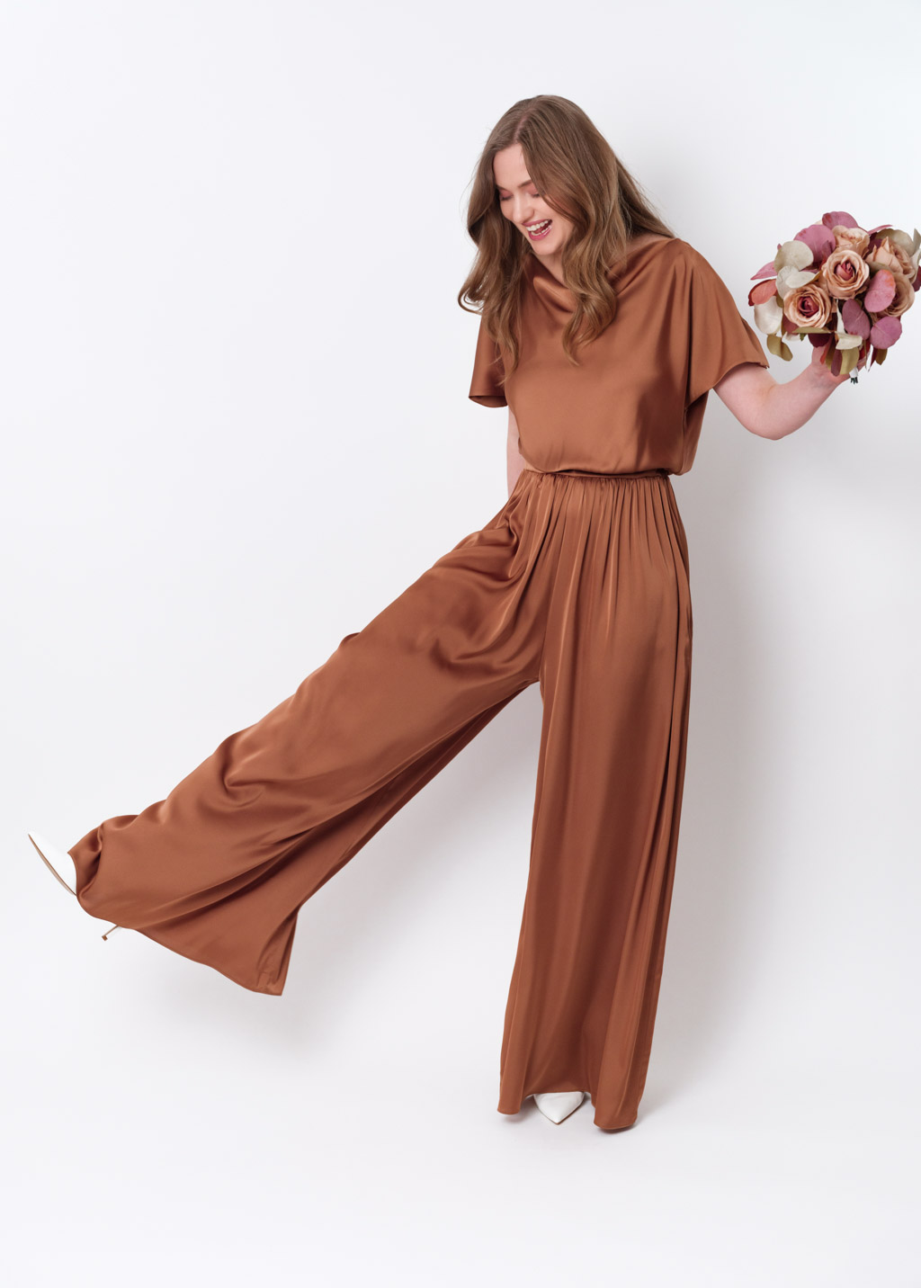 Copper gold silk jumpsuit