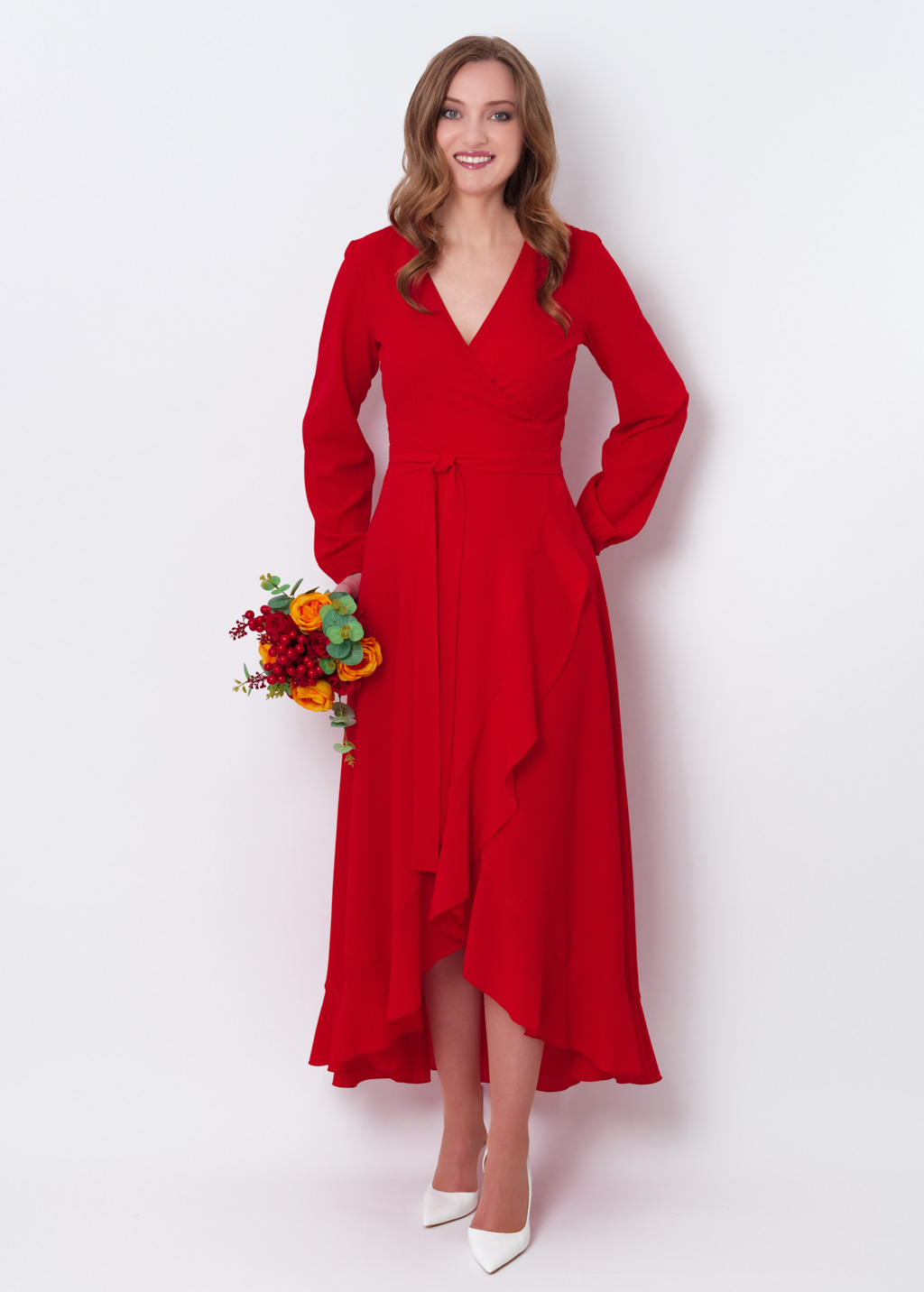 Red chiffon wrap dress