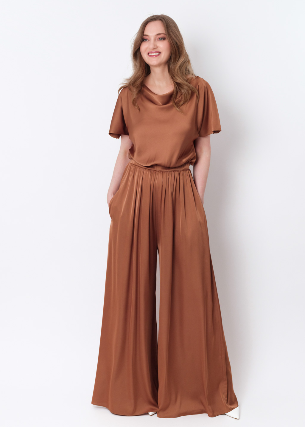 Copper gold silk jumpsuit