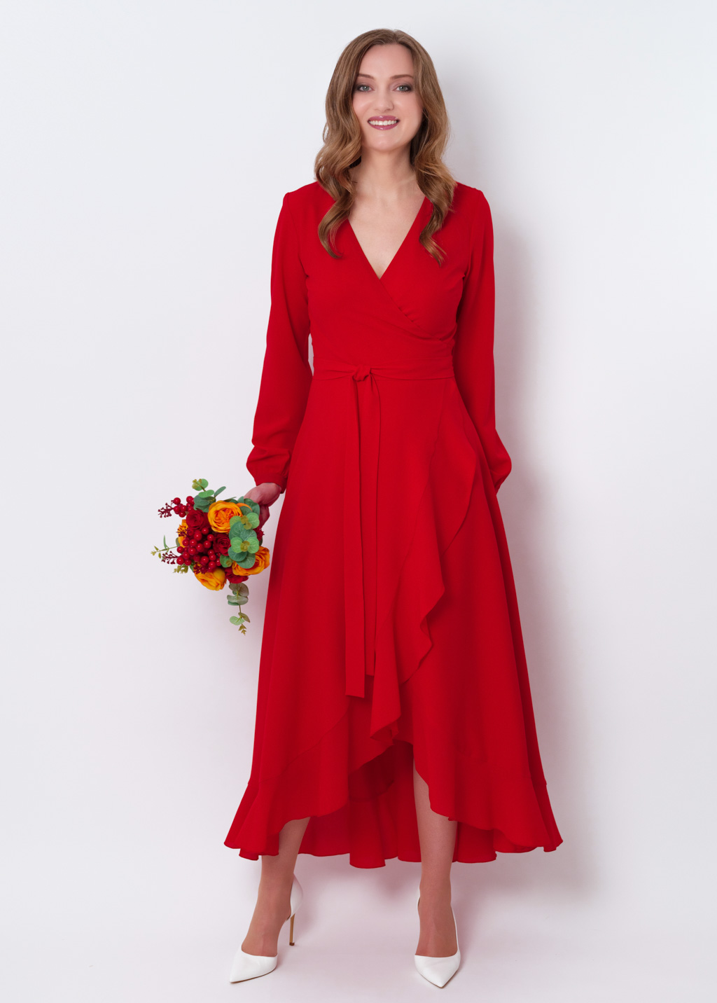 Red chiffon wrap dress