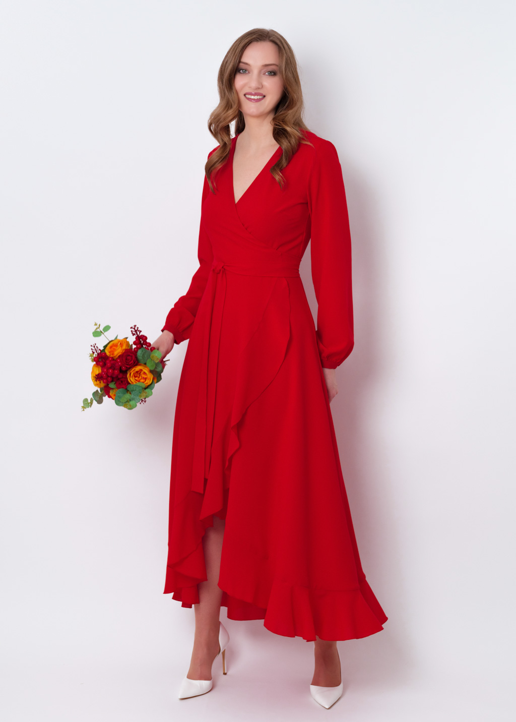 Red chiffon wrap dress