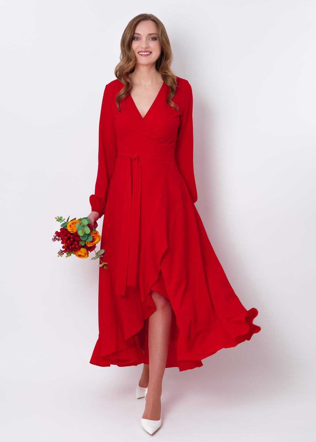 Red chiffon wrap dress