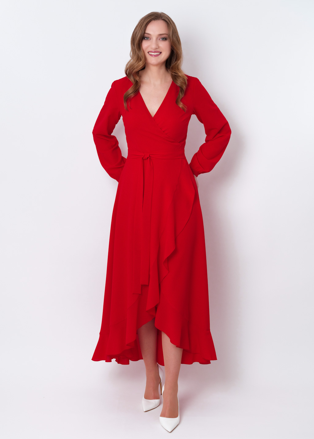 Red chiffon wrap dress