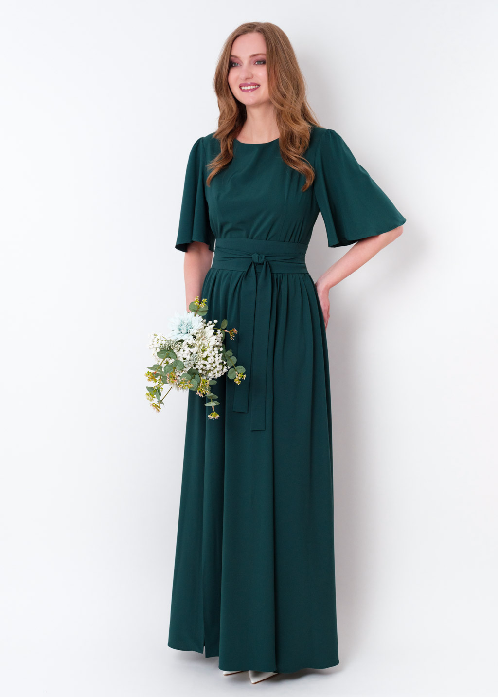 Dark Green long slit dress with belt