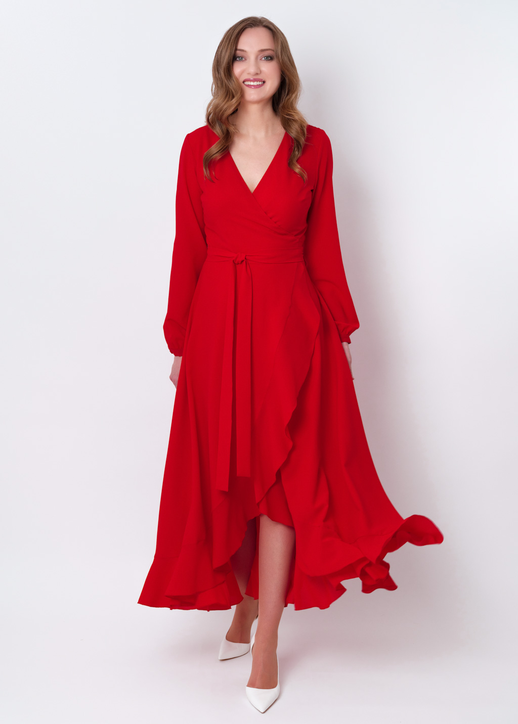 Red chiffon wrap dress