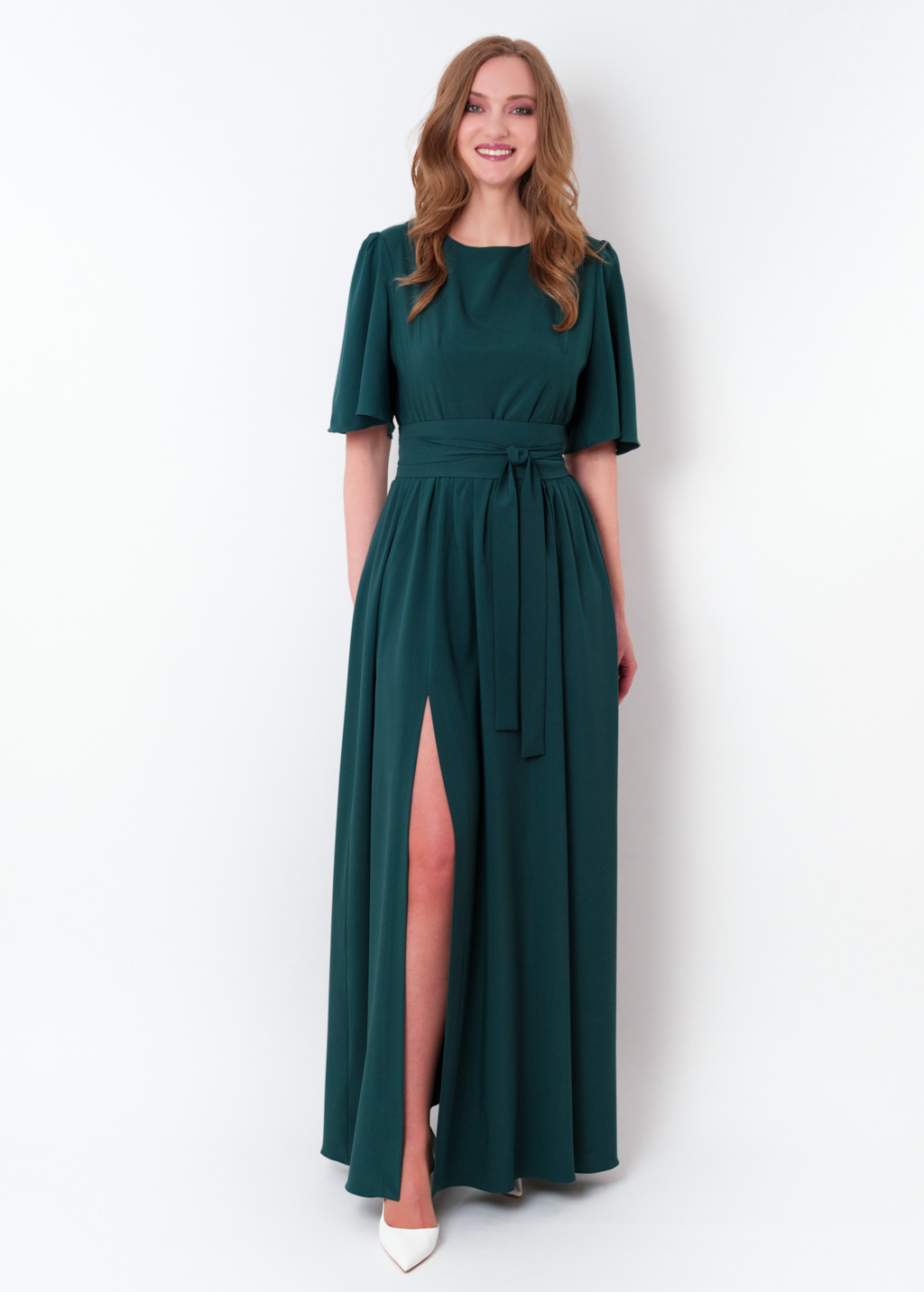 Dark Green long slit dress with belt