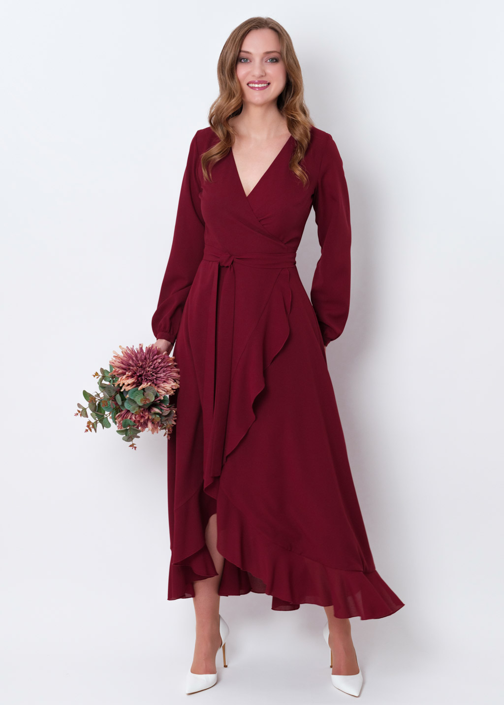 Burgundy chiffon wrap dress