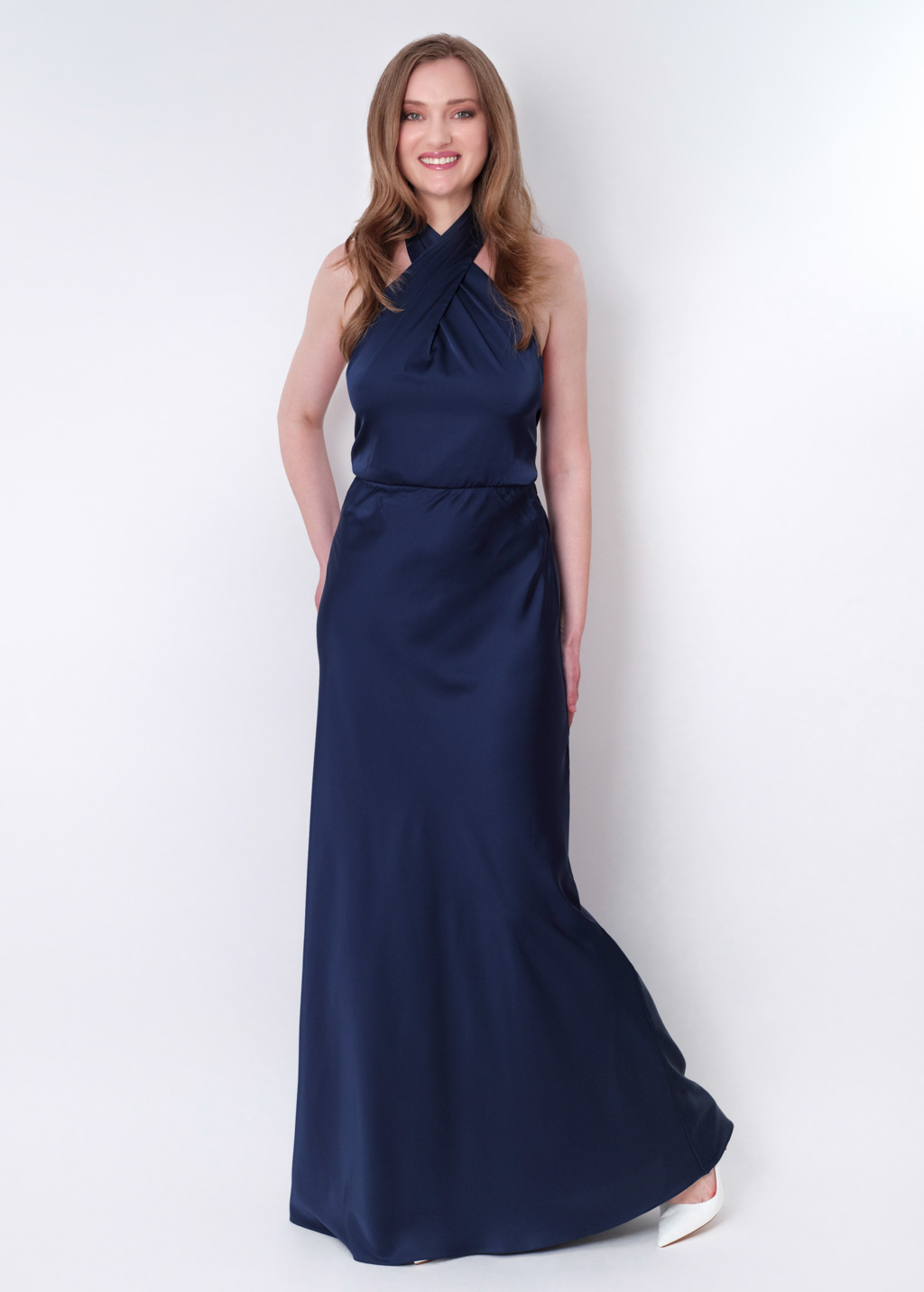 Navy blue silk long halter dress