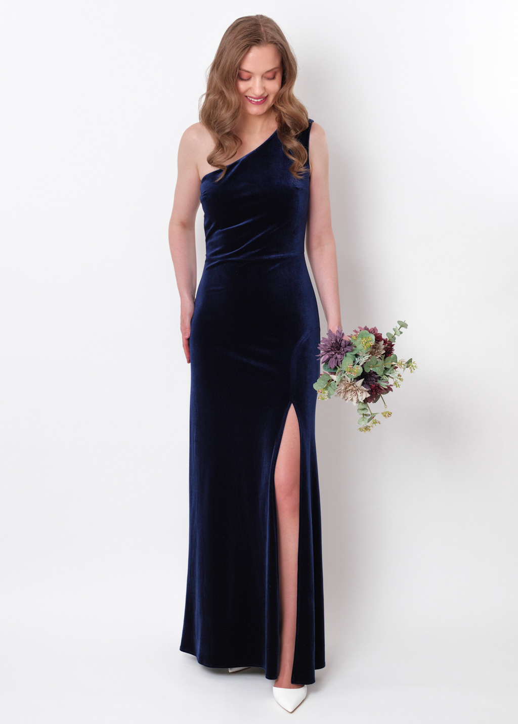 Navy blue velvet one shoulder slit dress