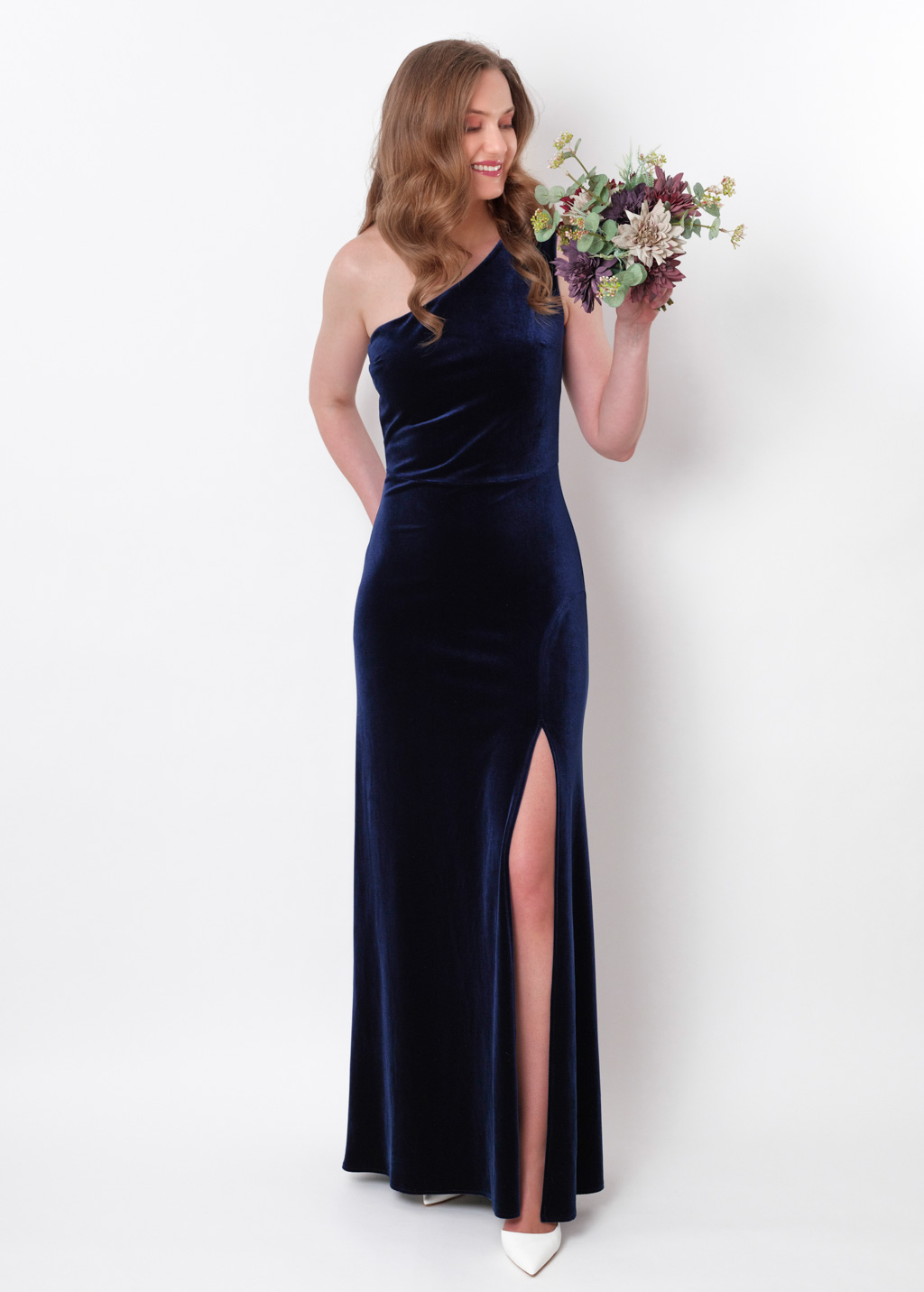 Navy blue velvet one shoulder slit dress