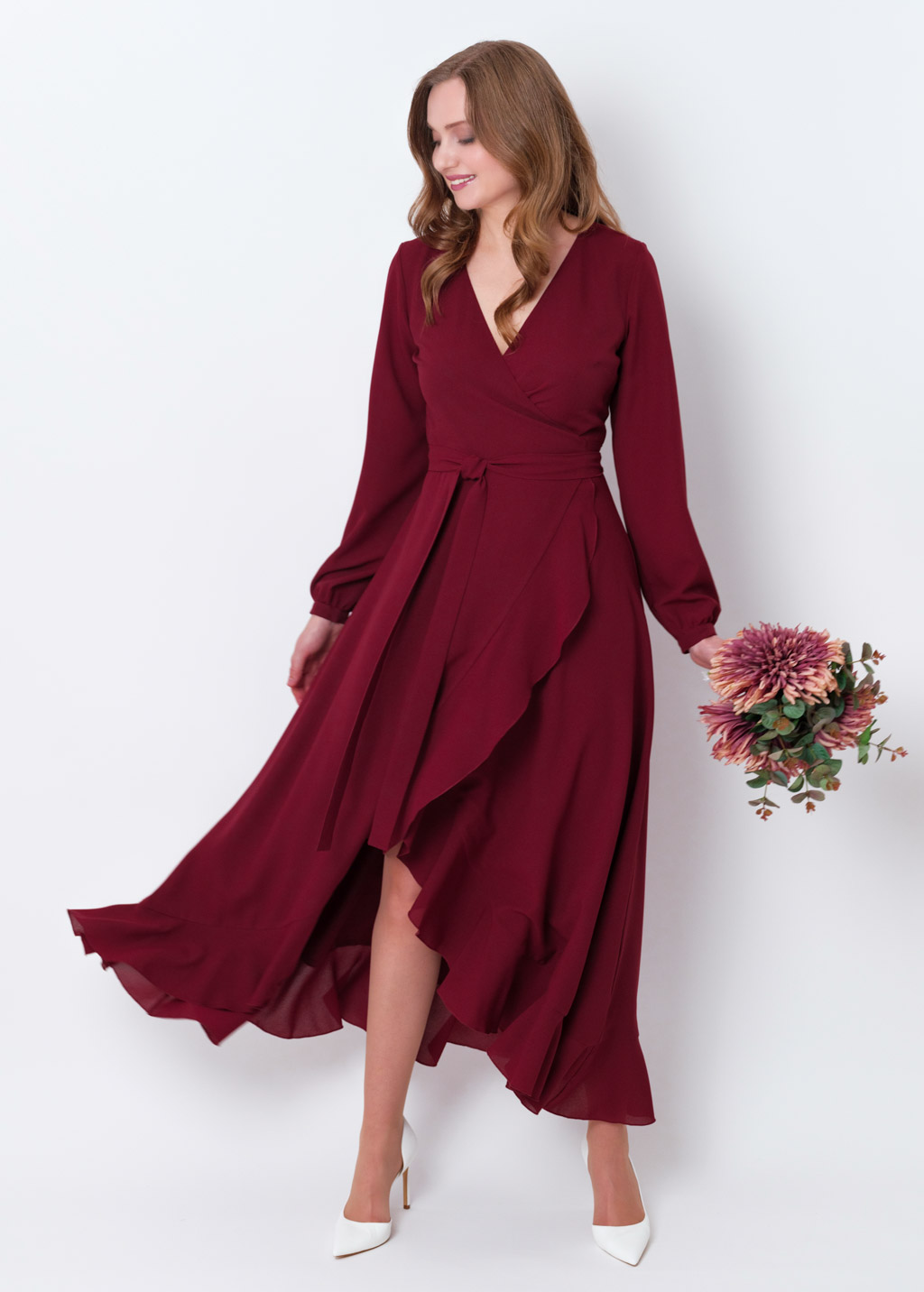 Burgundy chiffon wrap dress