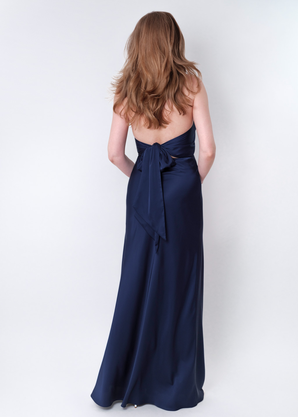 Navy blue silk long halter dress