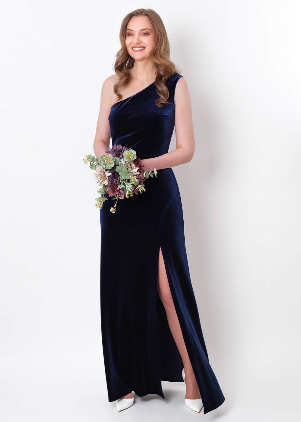 Navy blue velvet one shoulder slit dress