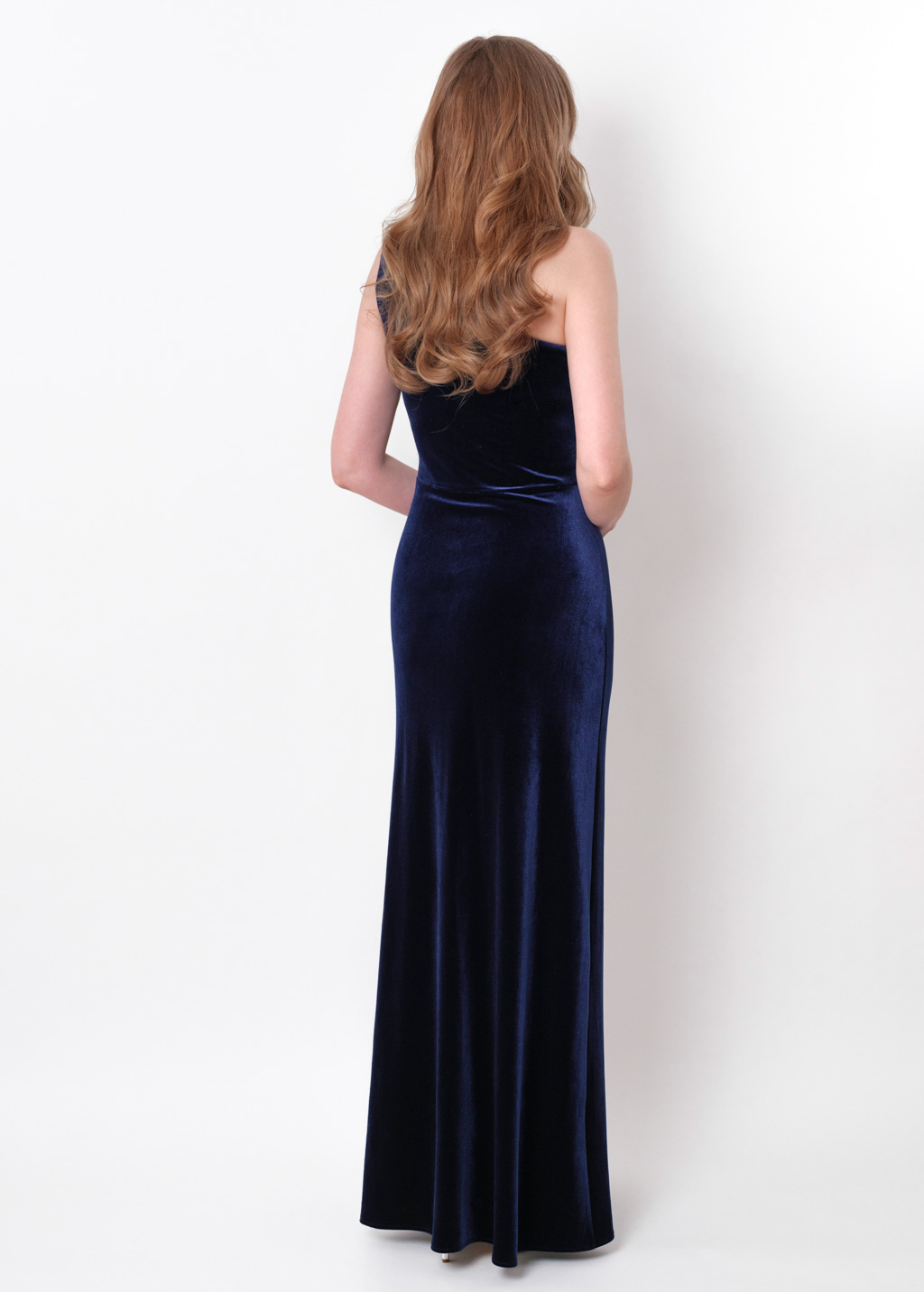 Navy blue velvet one shoulder slit dress