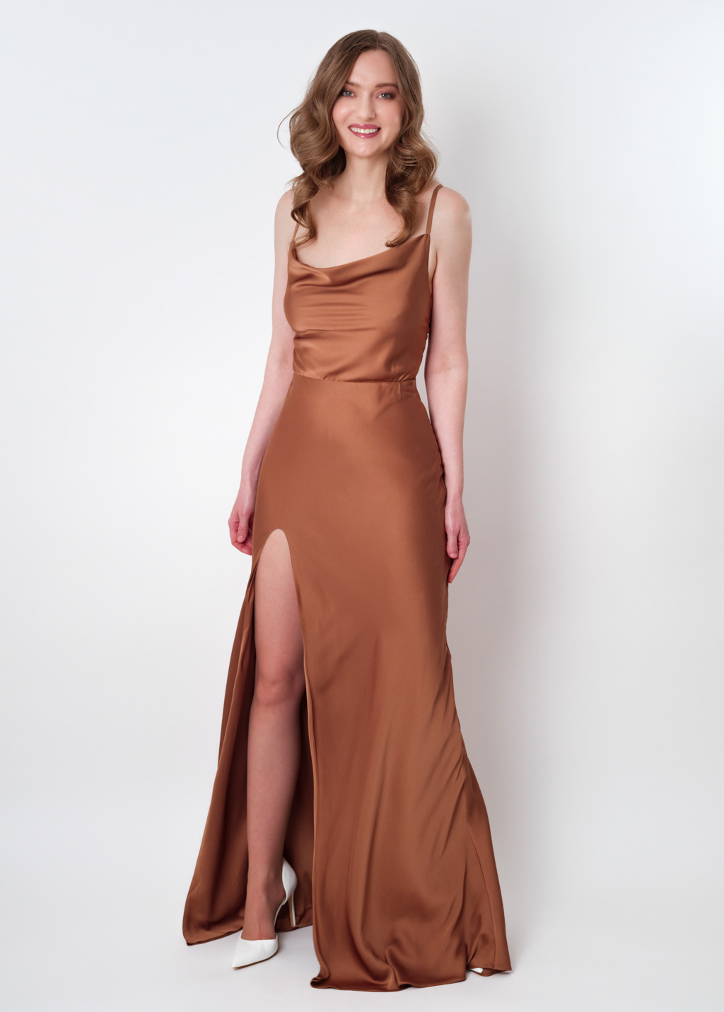 Copper gold silk slip slit dress