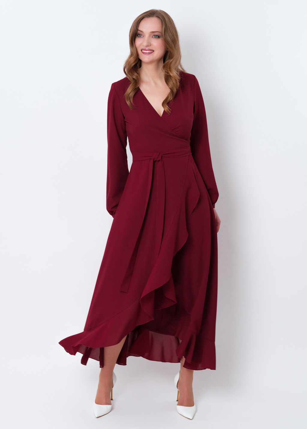 Burgundy chiffon wrap dress