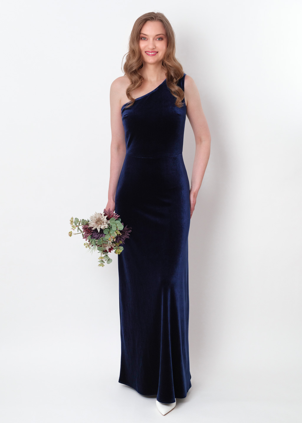 Navy blue velvet one shoulder dress