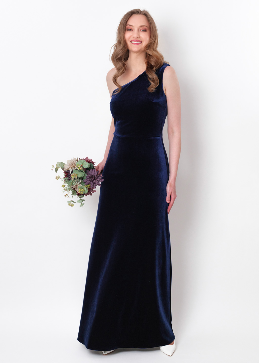 Navy blue velvet one shoulder dress