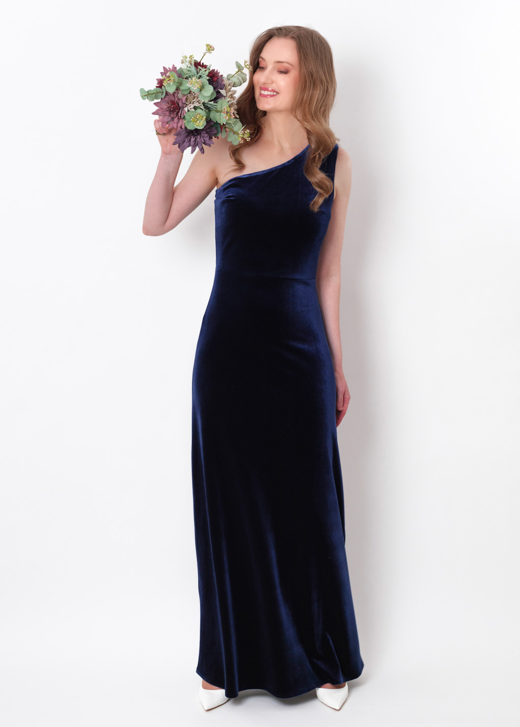 Navy blue velvet one shoulder dress