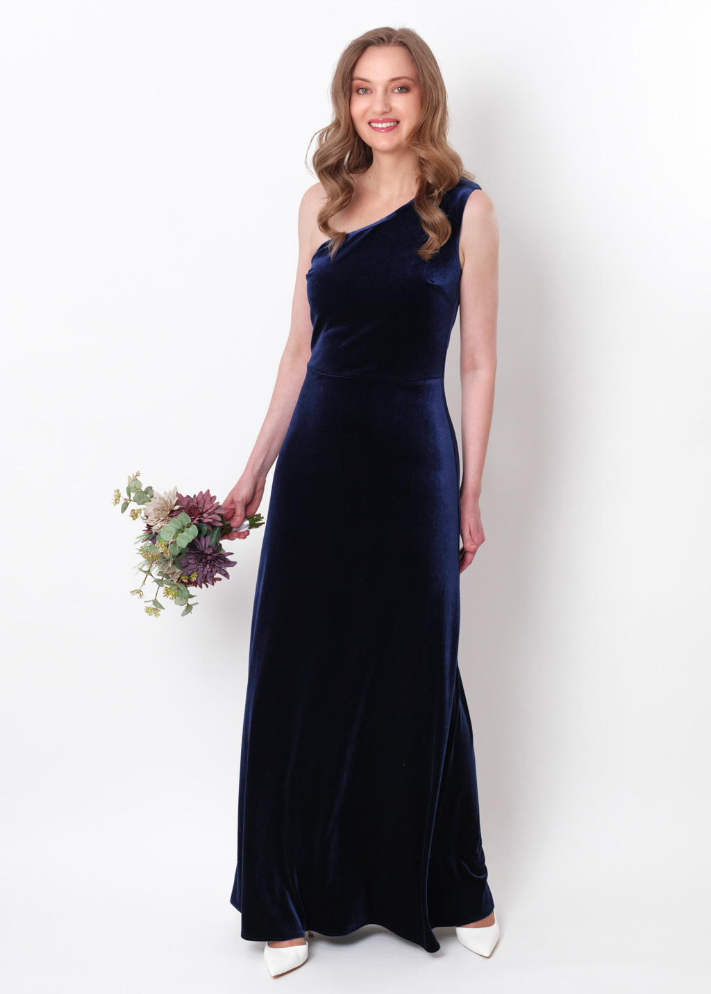 Navy blue velvet one shoulder dress