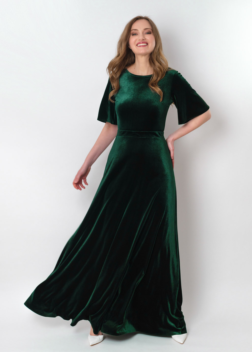 Emerald green velvet long dress