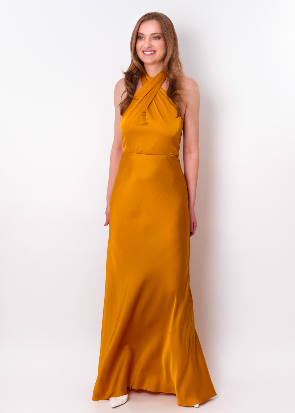 Gold silk long halter dress