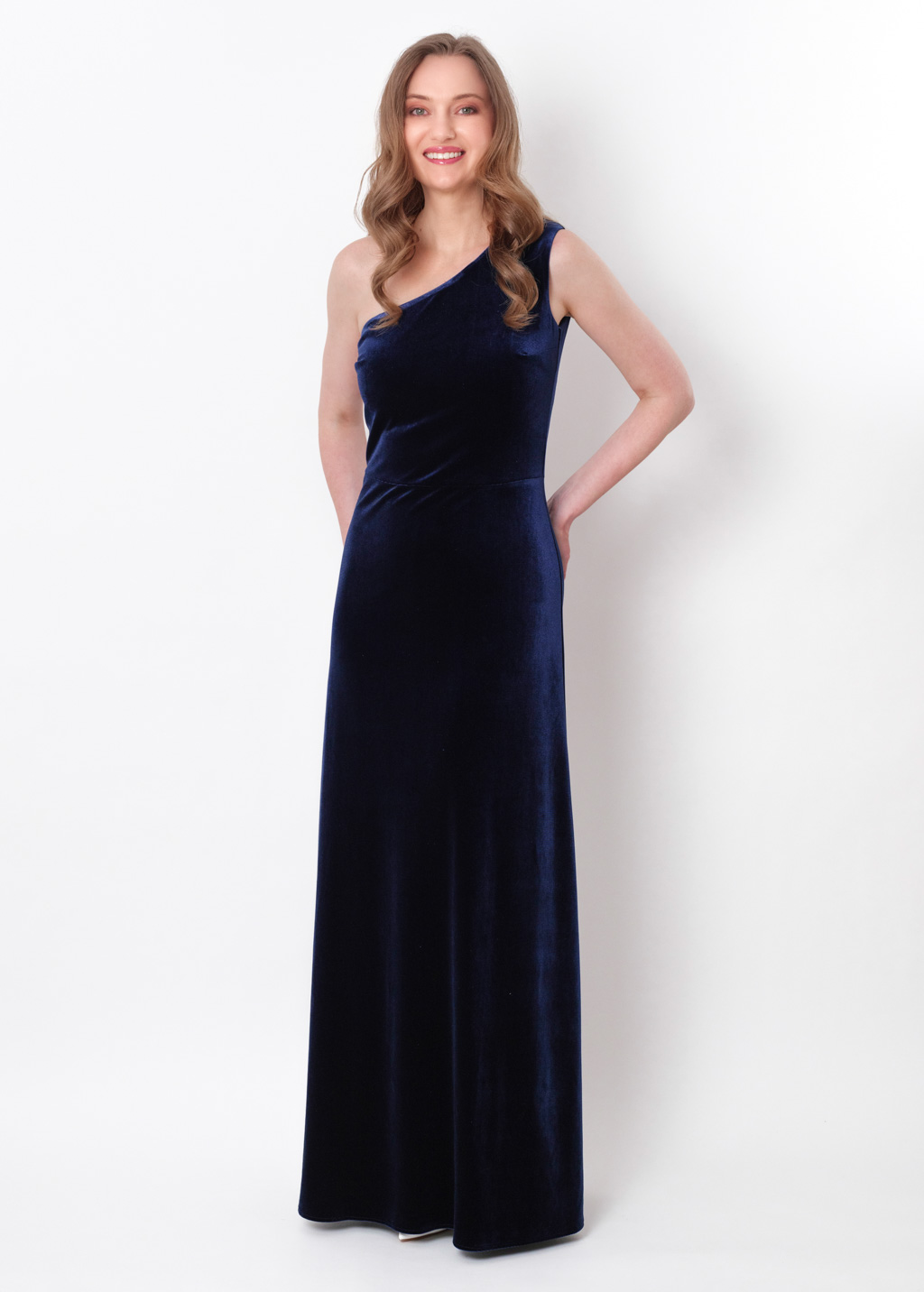 Navy blue velvet one shoulder dress