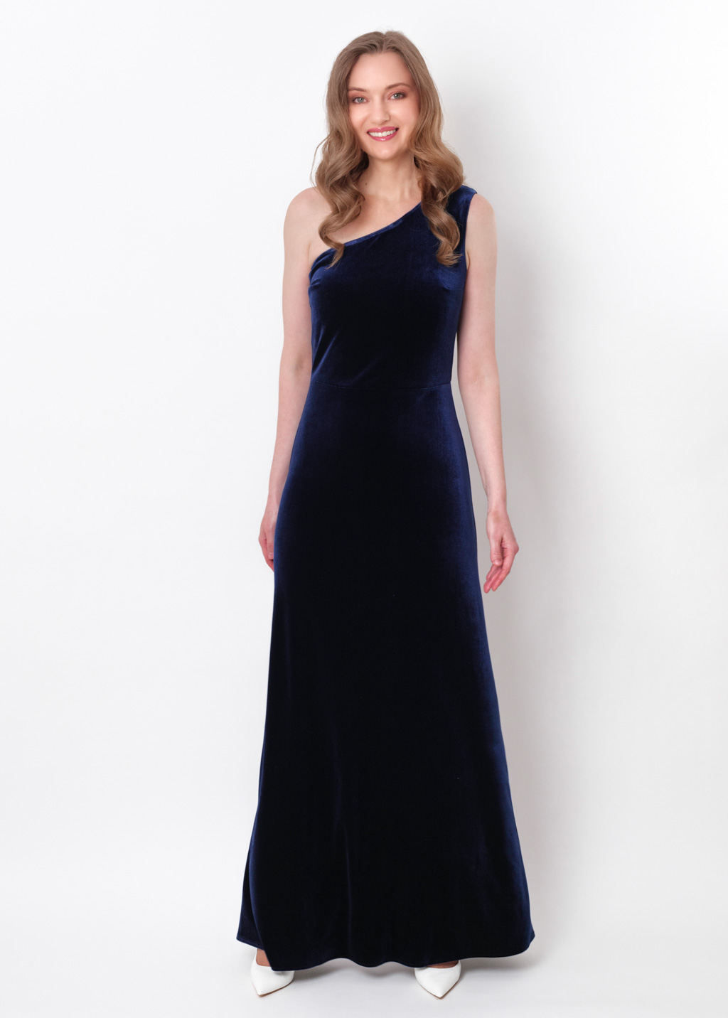 Navy blue velvet one shoulder dress