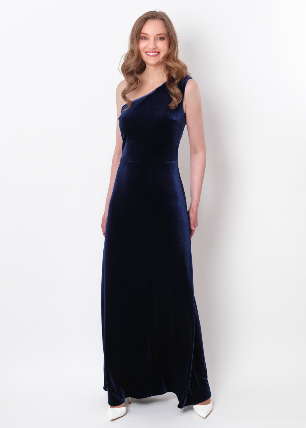 Navy blue velvet one shoulder dress